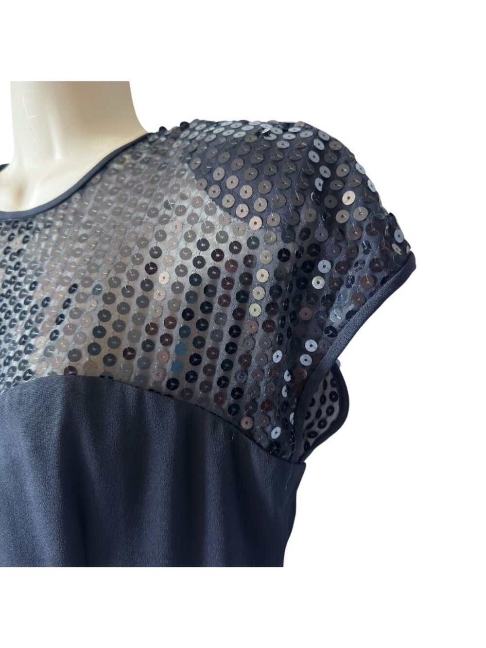Donna Ricco Cocktail Dress Size 8 Black Sheer Top Sequins Cap Sleeve Above Knee - Picture 11 of 16
